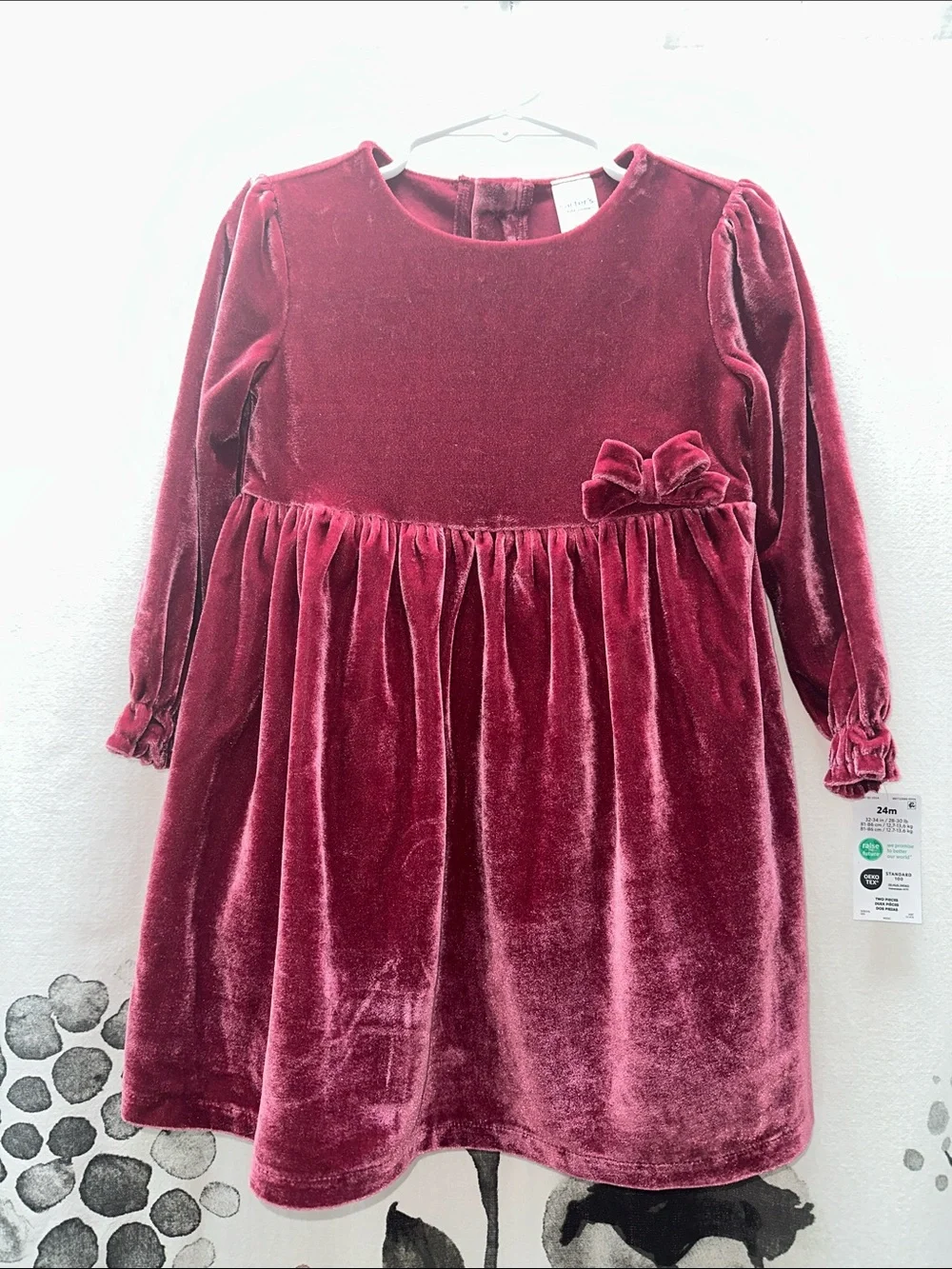 Carter's Velvet Long-Sleeve Toddler Dress in Wine with Bow
